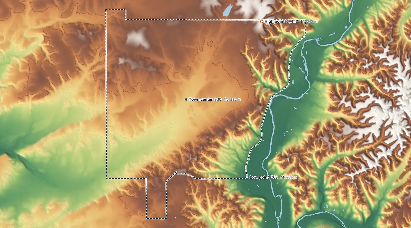 Topographic elevation map of Moodys, Oklahoma, shaded from 760 ft on the southeast side to 1,140 ft on the northeast side