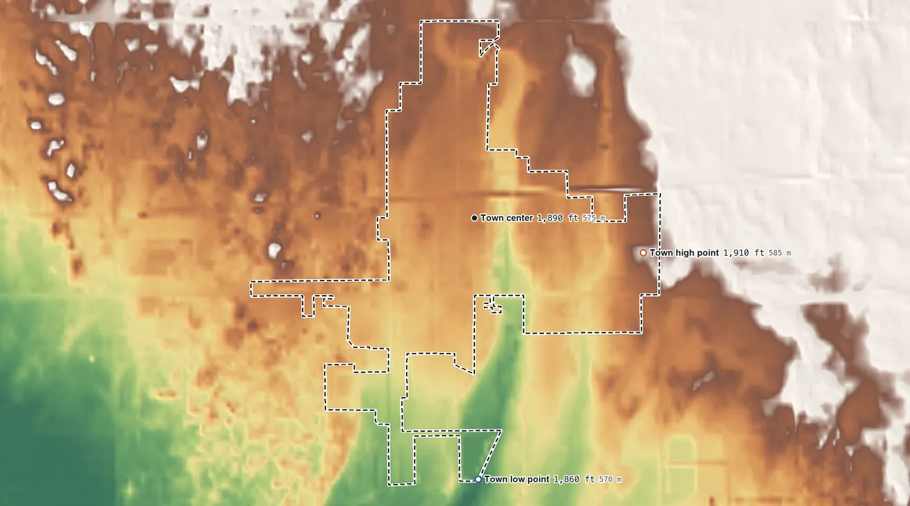 Topographic elevation map of Mooreland, Oklahoma, shaded from 1,860 ft on the south side to 1,910 ft on the east side