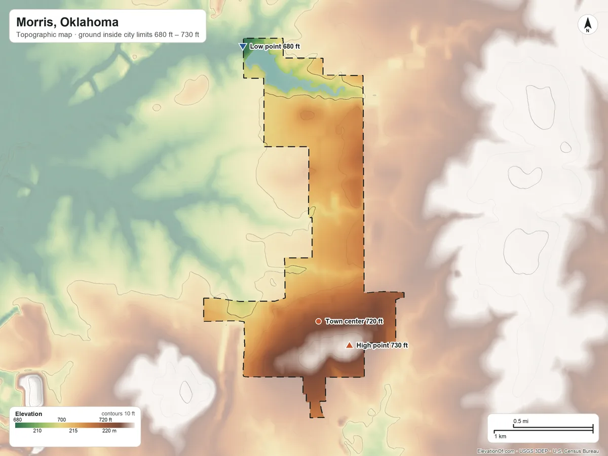 Topographic elevation map of Morris, Oklahoma, shaded from 680 ft on the north side to 730 ft near the middle