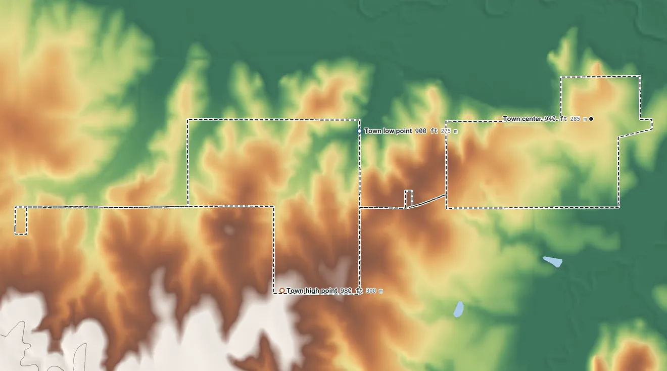 Topographic elevation map of Morrison, Oklahoma, shaded from 900 ft on the west side to 980 ft on the southwest side