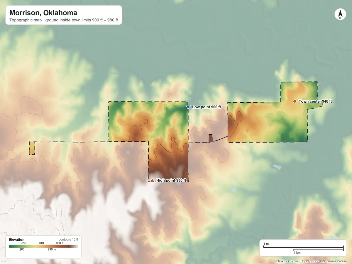 Topographic elevation map of Morrison, Oklahoma, shaded from 900 ft on the west side to 980 ft on the southwest side