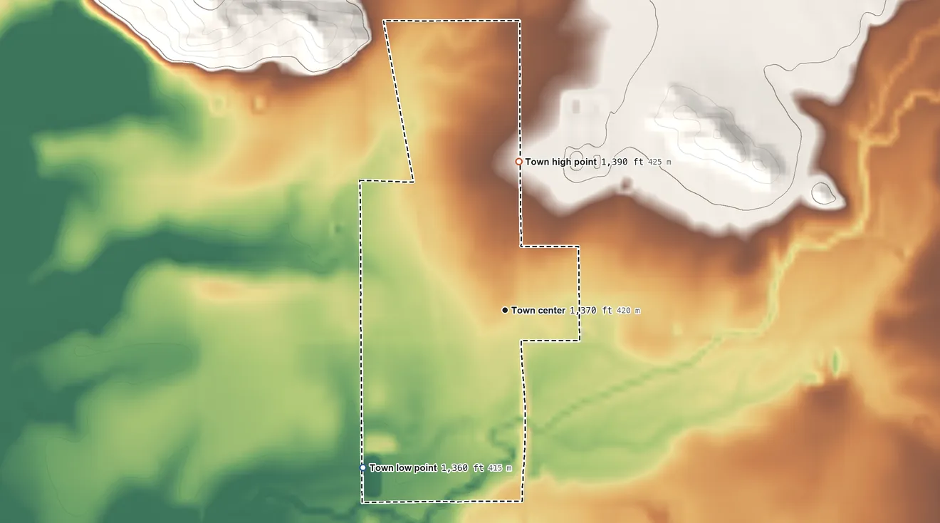 Topographic elevation map of Mountain Park, Oklahoma, shaded from 1,360 ft on the southwest side to 1,390 ft at the foot of the Glen Mountains