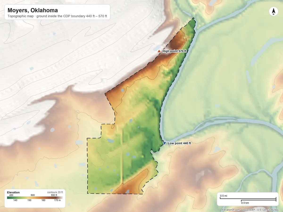 Topographic elevation map of Moyers, Oklahoma, shaded from 440 ft on the southeast side to 570 ft on the north edge, below higher ground just outside