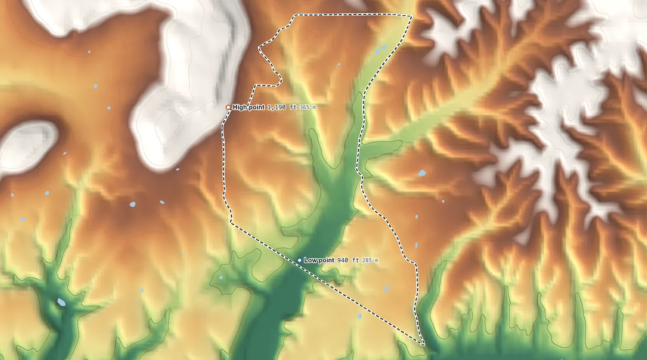 Topographic elevation map of Mulberry, Oklahoma, shaded from 940 ft on the south side to 1,190 ft on the northwest side