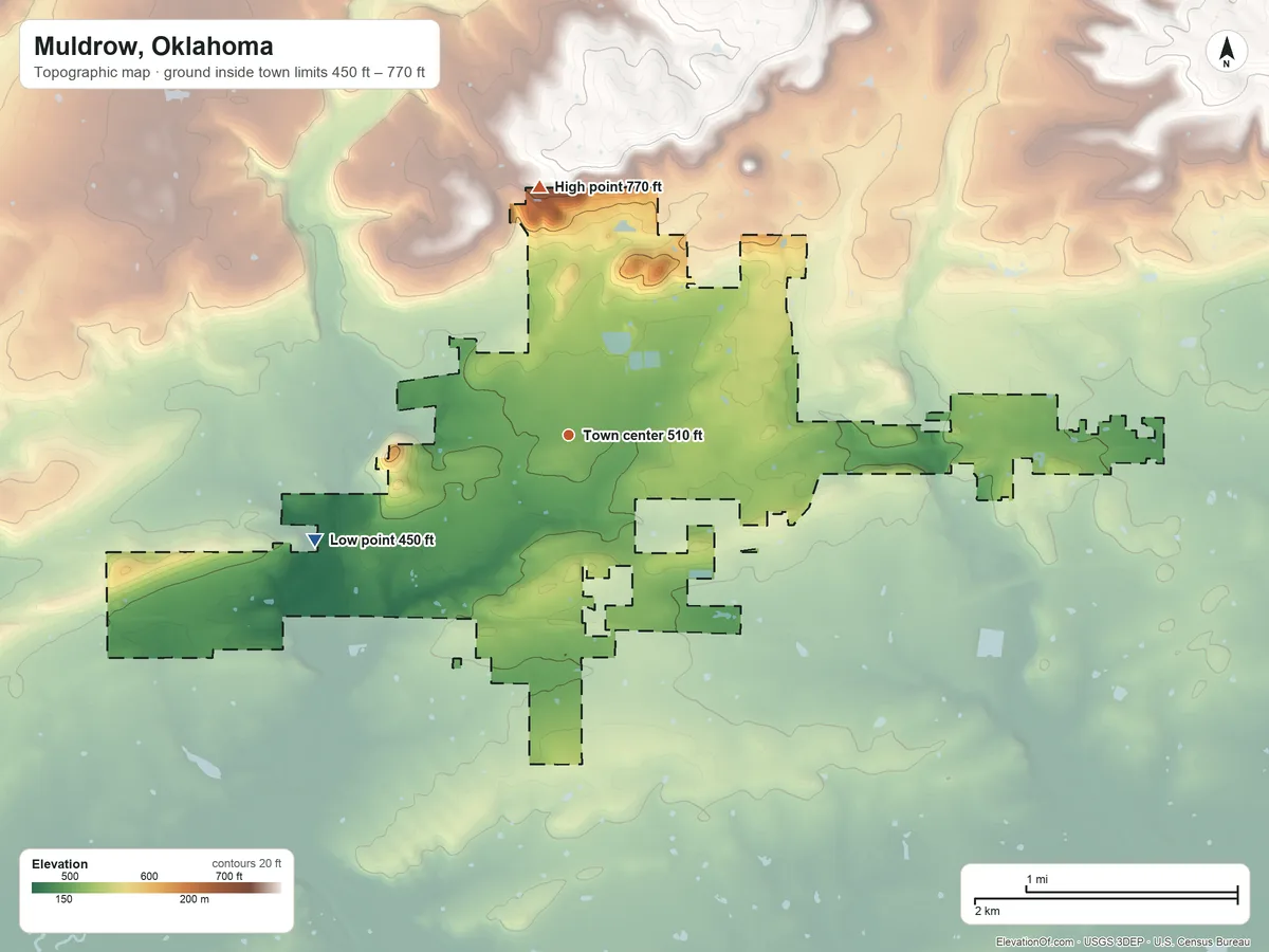 Topographic elevation map of Muldrow, Oklahoma, shaded from 450 ft on the west side to 770 ft on the north side