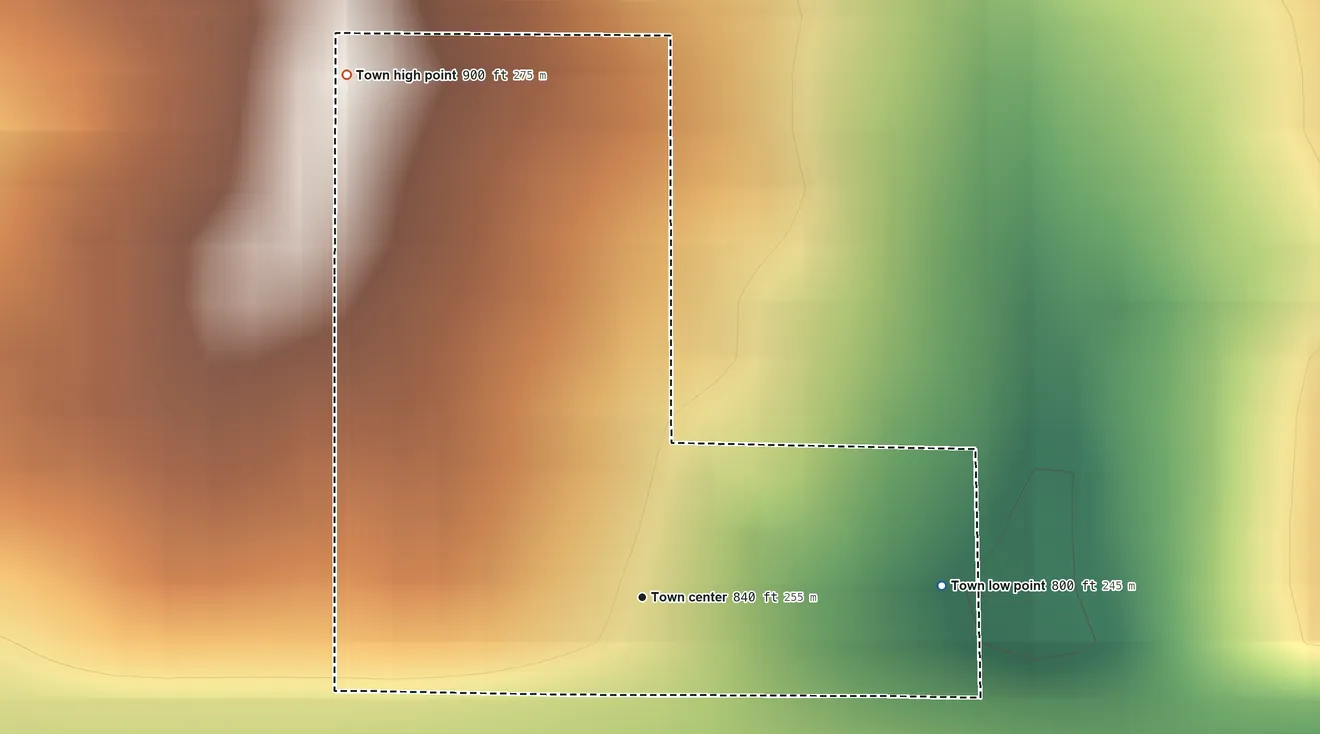 Topographic elevation map of Mule Barn, Oklahoma, shaded from 800 ft on the east side to 900 ft on the northwest side