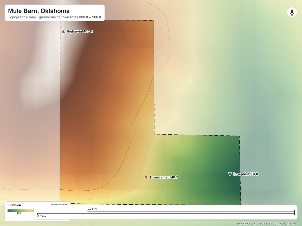 Topographic elevation map of Mule Barn, Oklahoma, shaded from 800 ft on the east side to 900 ft on the northwest side