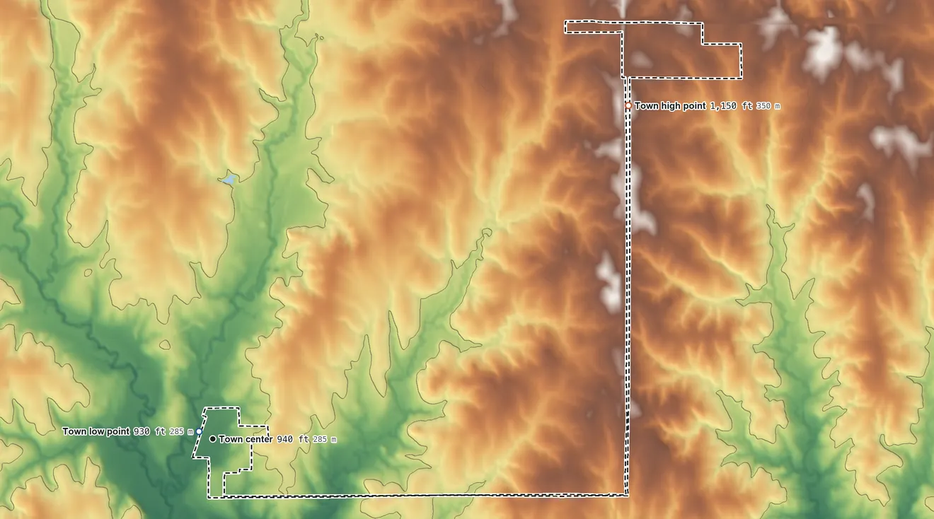 Topographic elevation map of Mulhall, Oklahoma, shaded from 930 ft near the middle to 1,150 ft on the northeast side