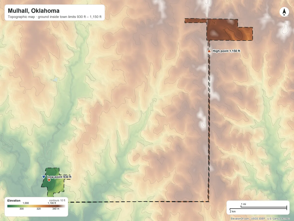 Topographic elevation map of Mulhall, Oklahoma, shaded from 930 ft near the middle to 1,150 ft on the northeast side
