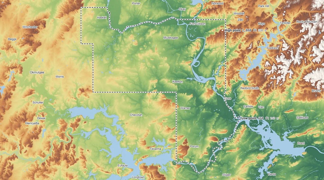 Topographic elevation map of Muskogee County, Oklahoma, shaded from 460 ft on the east side to 1,080 ft on the northeast side