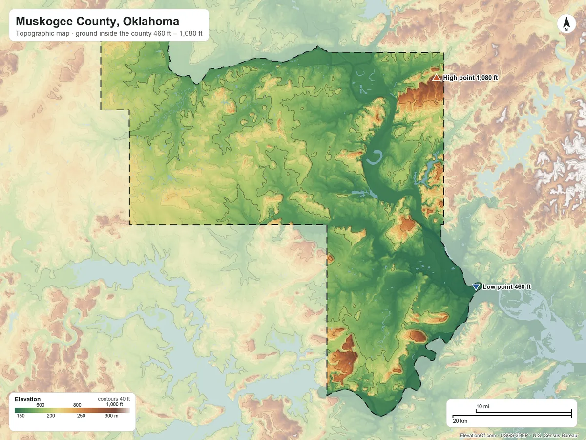 Topographic elevation map of Muskogee County, Oklahoma, shaded from 460 ft on the east side to 1,080 ft on the northeast side