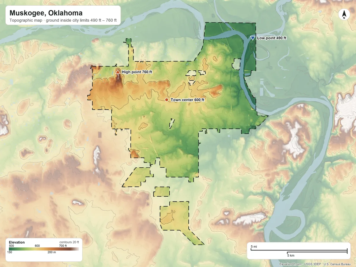 Topographic elevation map of Muskogee, Oklahoma, shaded from 490 ft on the northeast side to 760 ft on Agency Hill