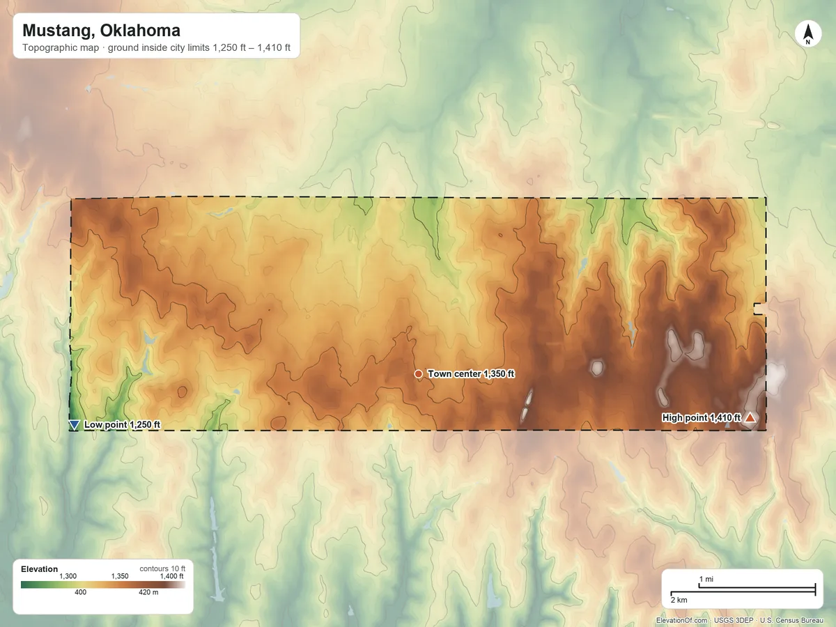 Topographic elevation map of Mustang, Oklahoma, shaded from 1,250 ft on the west side to 1,410 ft on the east side