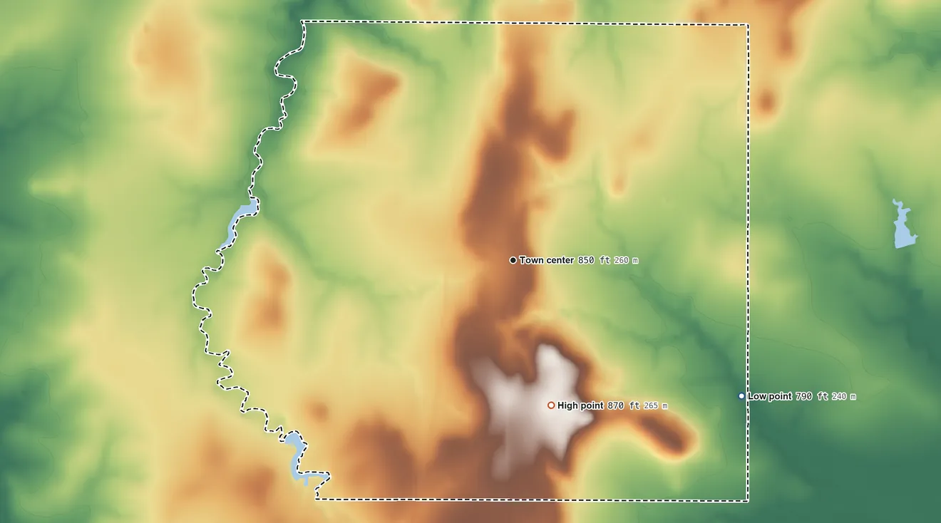 Topographic elevation map of Narcissa, Oklahoma, shaded from 790 ft on the southeast side to 870 ft on the south side