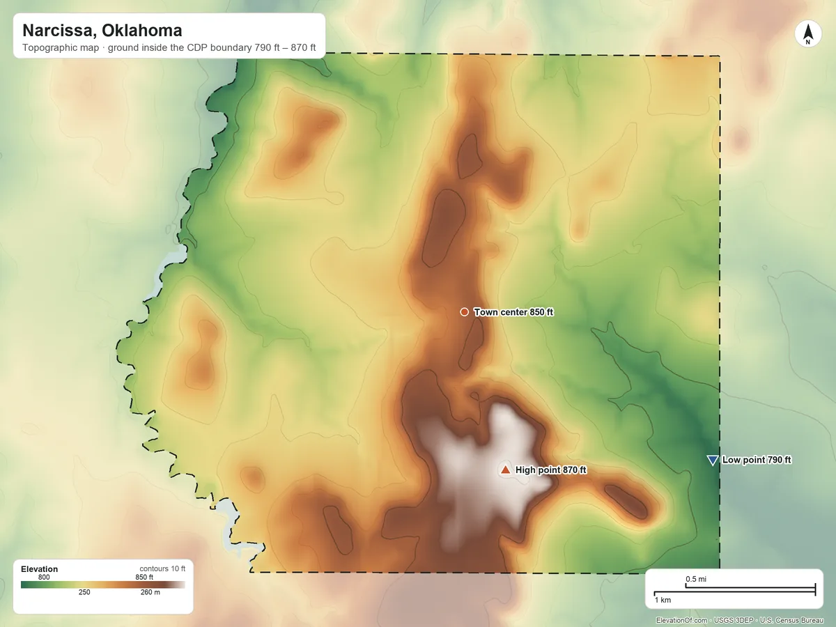 Topographic elevation map of Narcissa, Oklahoma, shaded from 790 ft on the southeast side to 870 ft on the south side