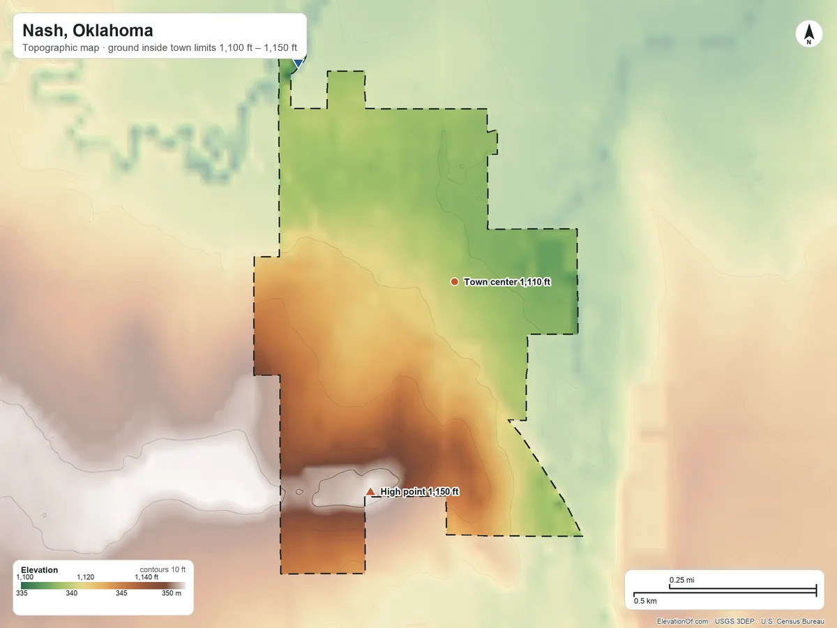 Topographic elevation map of Nash, Oklahoma, shaded from 1,100 ft on the northwest side to 1,150 ft on the south side