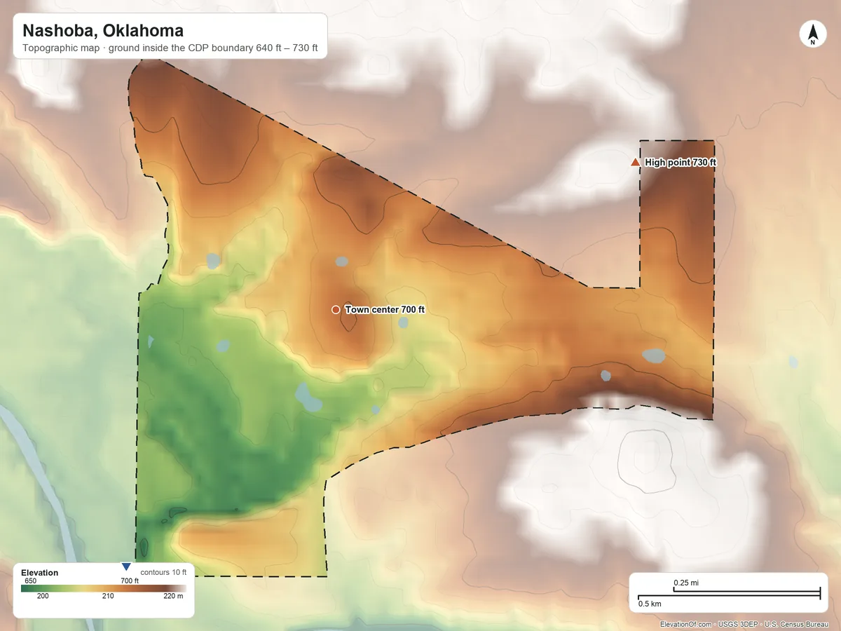 Topographic elevation map of Nashoba, Oklahoma, shaded from 640 ft on the southwest side to 730 ft on the northeast edge, below higher ground just outside