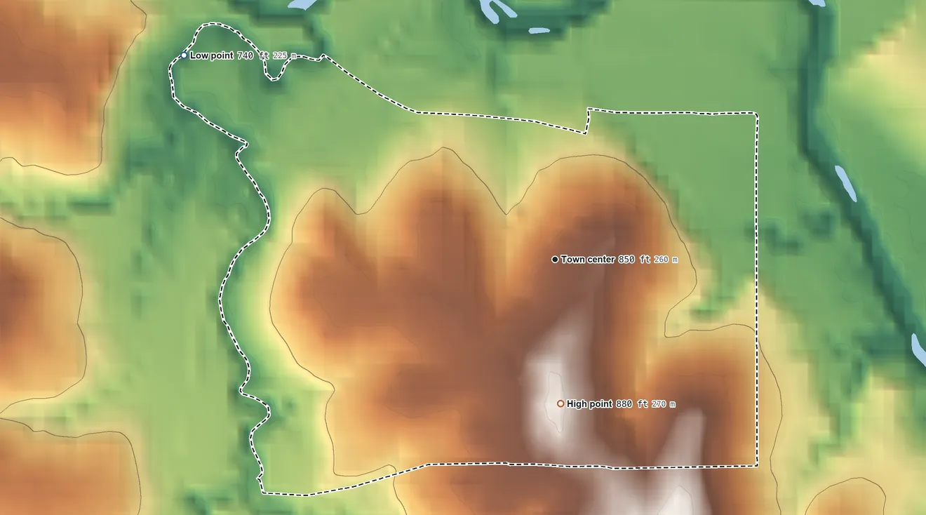 Topographic elevation map of Nelagoney, Oklahoma, shaded from 740 ft on the northwest side to 880 ft on the south side