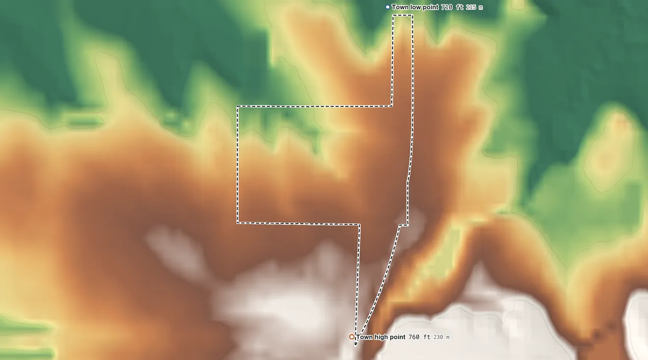 Topographic elevation map of New Alluwe, Oklahoma, shaded from 710 ft on the north side to 760 ft on the south side