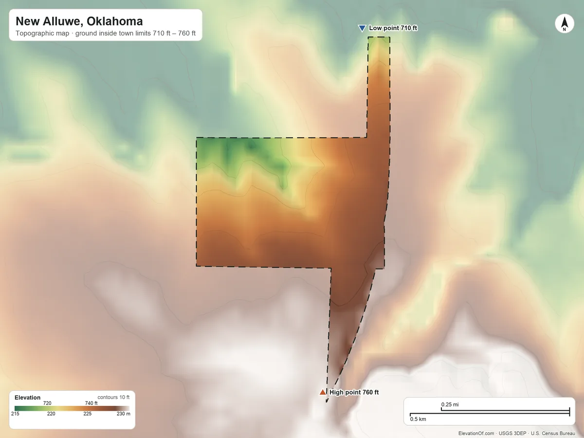 Topographic elevation map of New Alluwe, Oklahoma, shaded from 710 ft on the north side to 760 ft on the south side