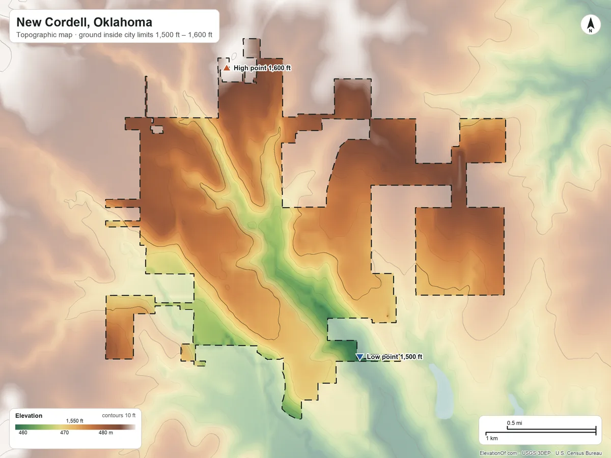 Topographic elevation map of New Cordell, Oklahoma, shaded from 1,500 ft on the southeast side to 1,600 ft on the north side