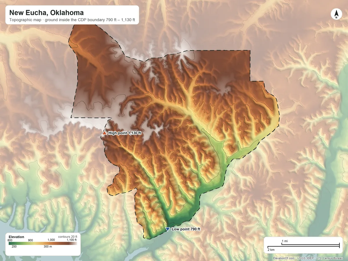 Topographic elevation map of New Eucha, Oklahoma, shaded from 790 ft on the south side to 1,130 ft on the southwest side
