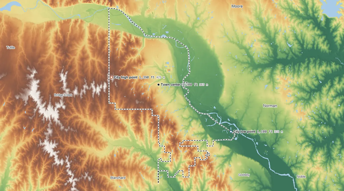 Topographic elevation map of Newcastle, Oklahoma, shaded from 1,100 ft on the southeast side to 1,390 ft on the west side
