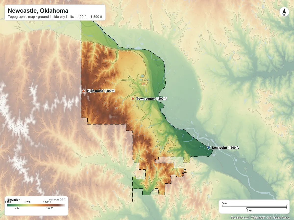 Topographic elevation map of Newcastle, Oklahoma, shaded from 1,100 ft on the southeast side to 1,390 ft on the west side
