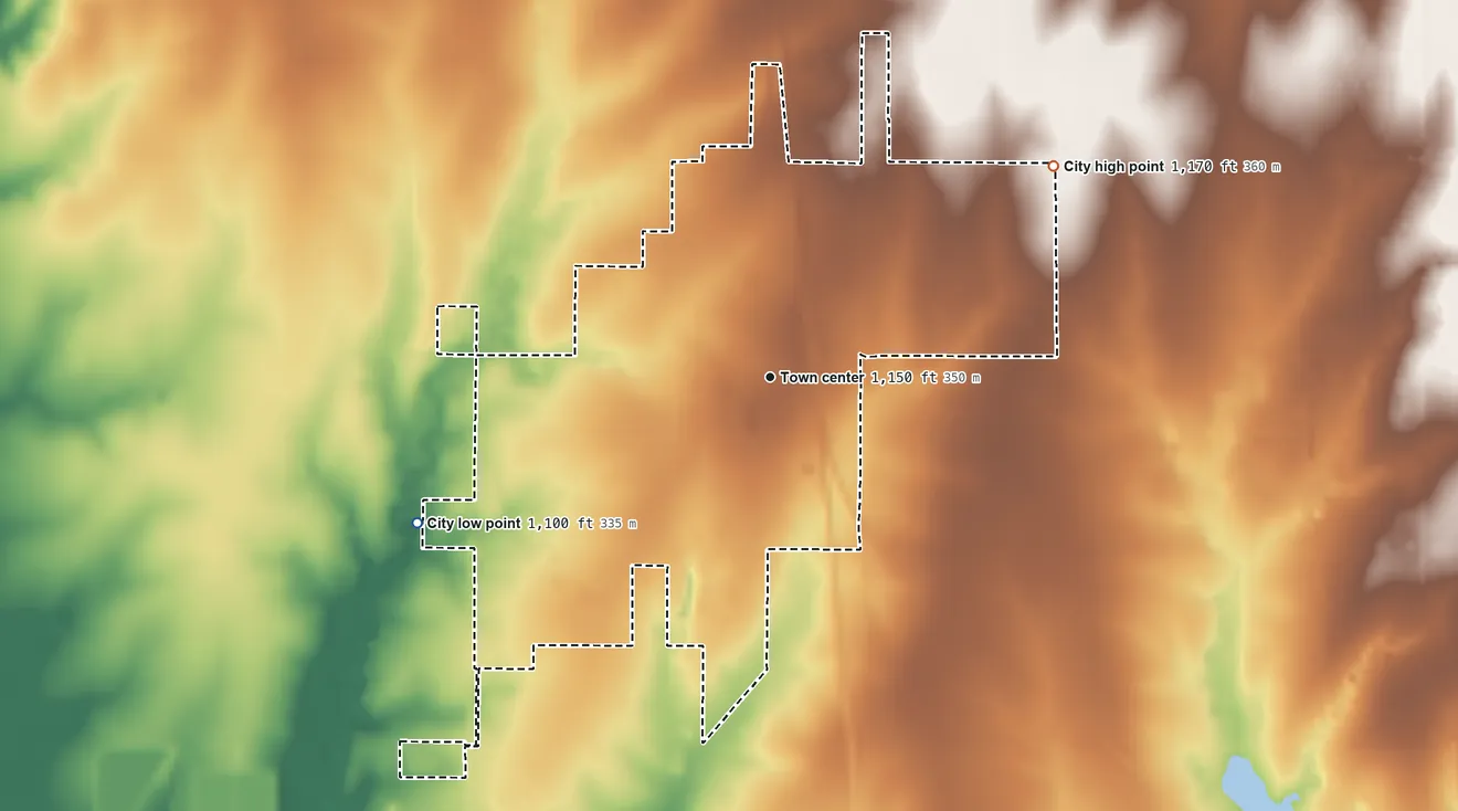 Topographic elevation map of Newkirk, Oklahoma, shaded from 1,100 ft on the west side to 1,170 ft on the northeast side