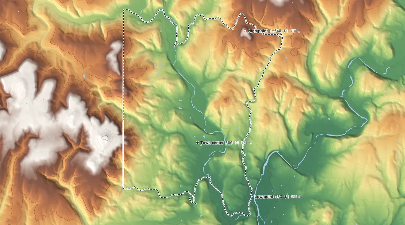 Topographic elevation map of Nicut, Oklahoma, shaded from 480 ft on the southeast side to 1,340 ft on Little Round Mountain