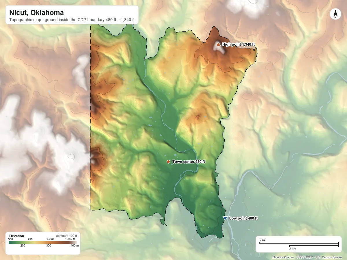 Topographic elevation map of Nicut, Oklahoma, shaded from 480 ft on the southeast side to 1,340 ft on Little Round Mountain