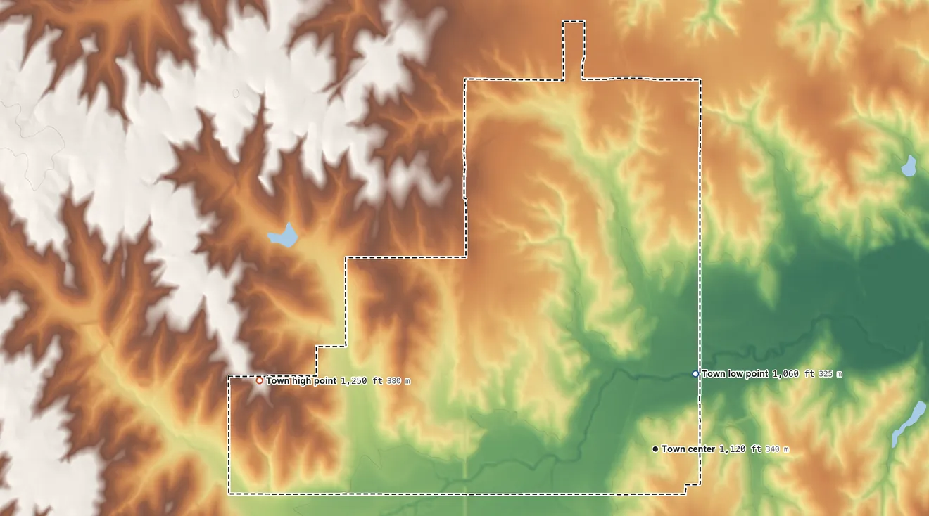 Topographic elevation map of Ninnekah, Oklahoma, shaded from 1,060 ft on the northeast side to 1,250 ft on the west side