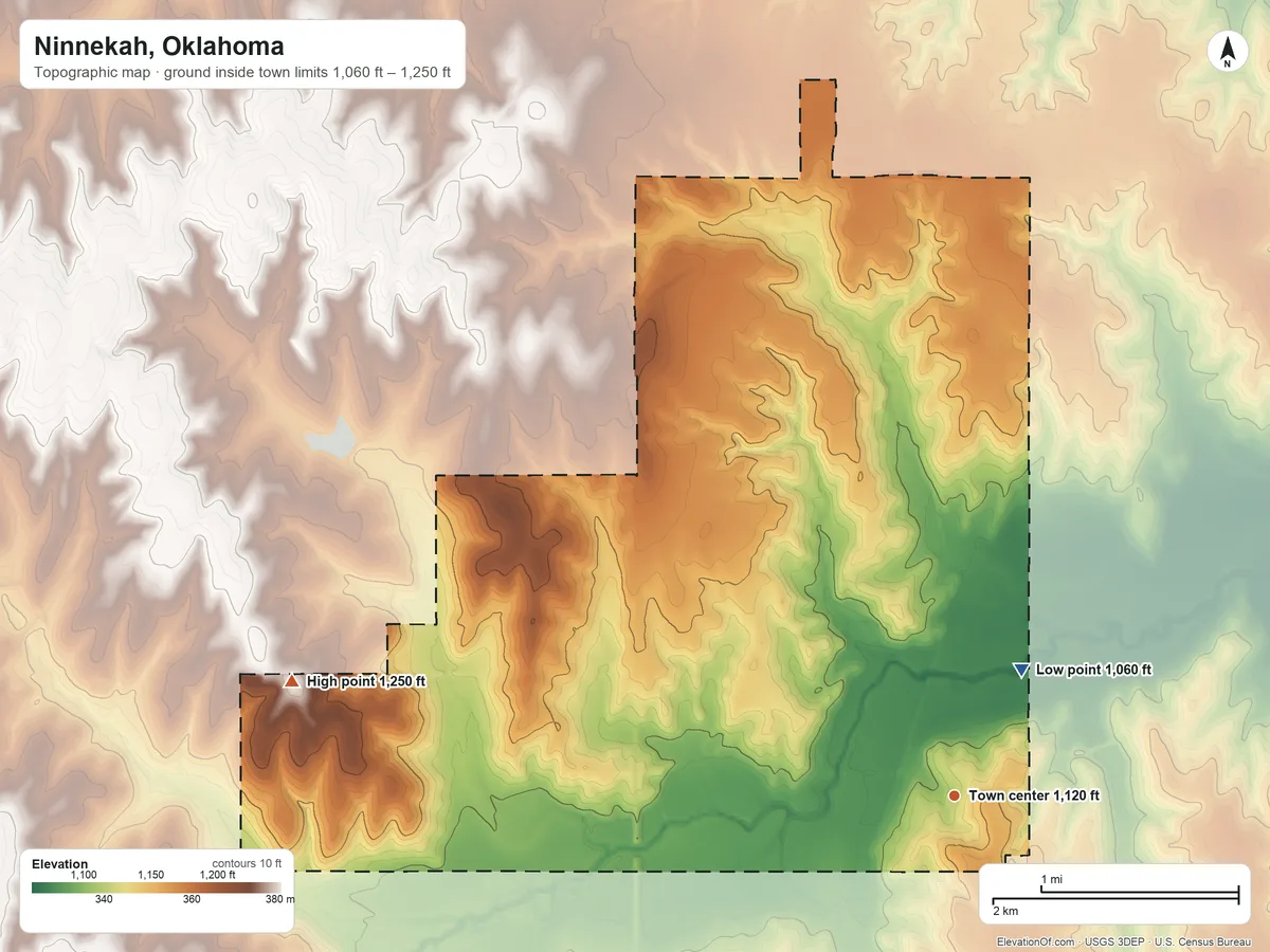 Topographic elevation map of Ninnekah, Oklahoma, shaded from 1,060 ft on the northeast side to 1,250 ft on the west side