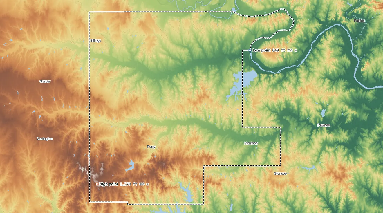 Topographic elevation map of Noble County, Oklahoma, shaded from 840 ft on the northeast side to 1,270 ft on the southwest side