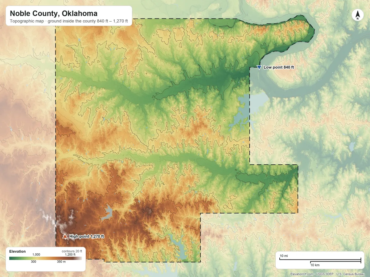 Topographic elevation map of Noble County, Oklahoma, shaded from 840 ft on the northeast side to 1,270 ft on the southwest side