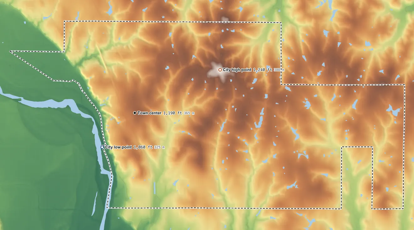 Topographic elevation map of Noble, Oklahoma, shaded from 1,060 ft on the southwest side to 1,240 ft on the northeast side