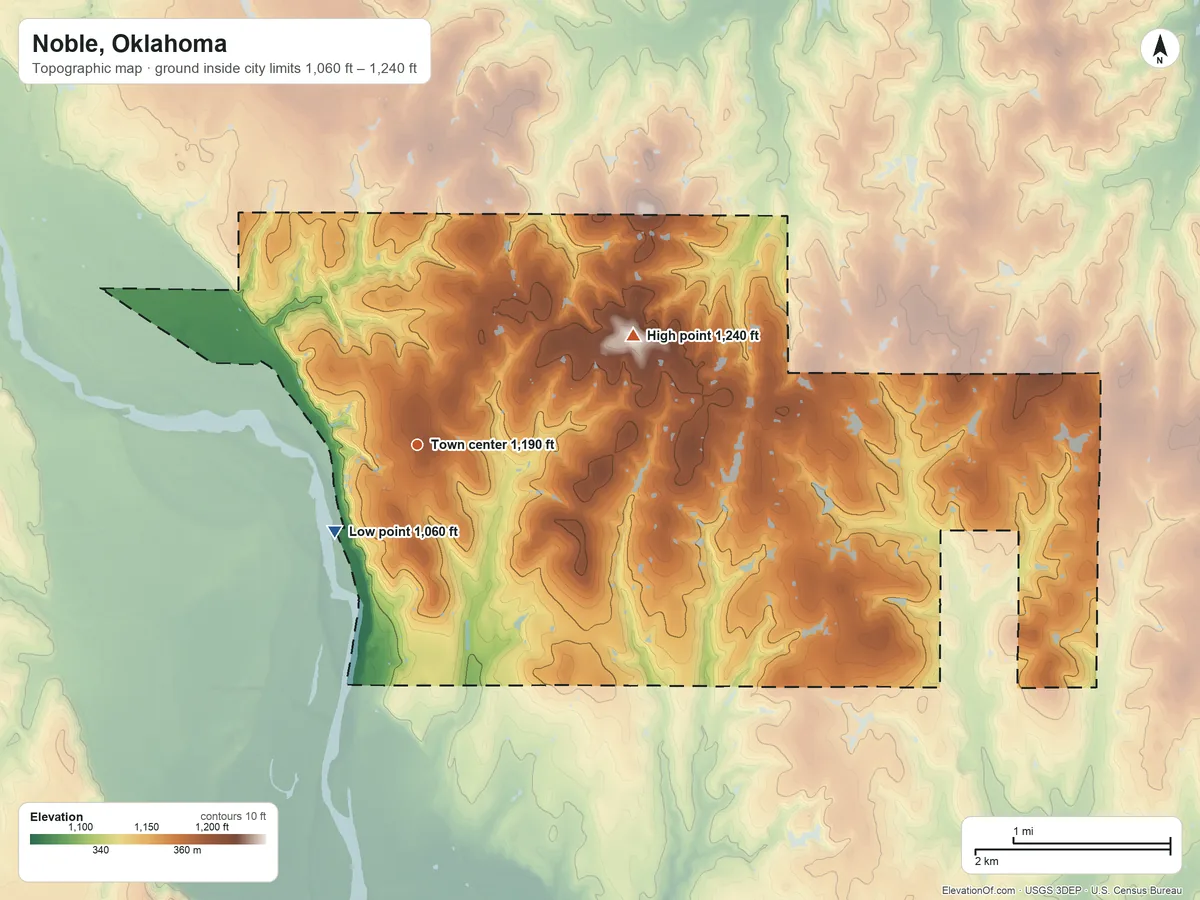 Topographic elevation map of Noble, Oklahoma, shaded from 1,060 ft on the southwest side to 1,240 ft on the northeast side