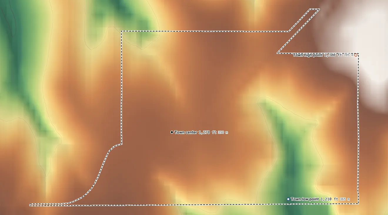 Topographic elevation map of Norge, Oklahoma, shaded from 1,210 ft on the southeast side to 1,300 ft on the northeast side