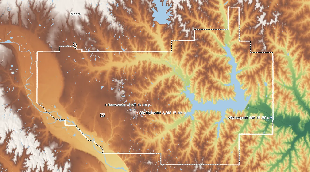 Topographic elevation map of Norman, Oklahoma, shaded from 960 ft on the east side to 1,240 ft on the east side