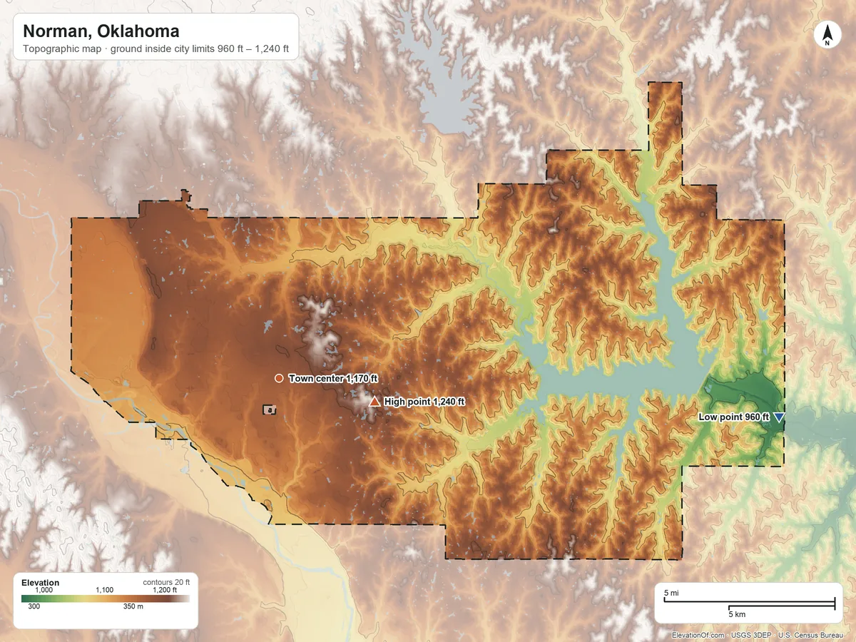 Topographic elevation map of Norman, Oklahoma, shaded from 960 ft on the east side to 1,240 ft on the east side