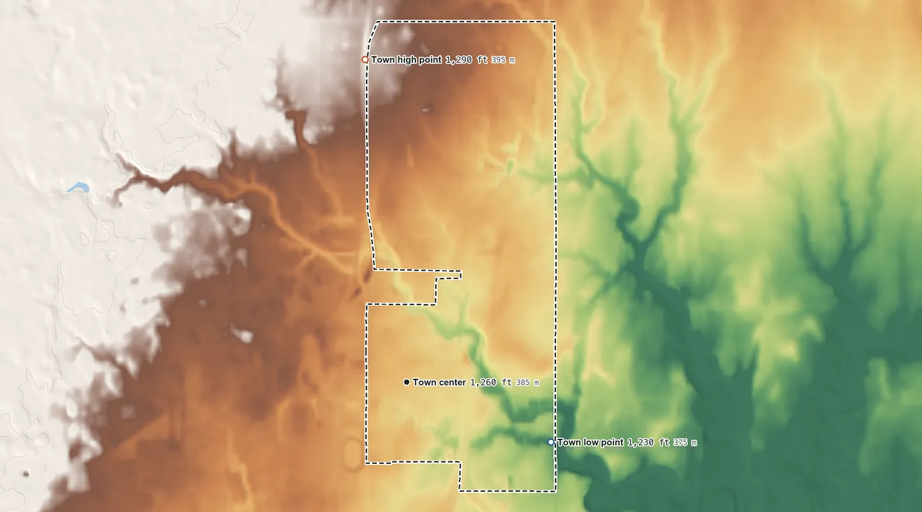 Topographic elevation map of North Enid, Oklahoma, shaded from 1,230 ft on the southeast side to 1,290 ft on the north side