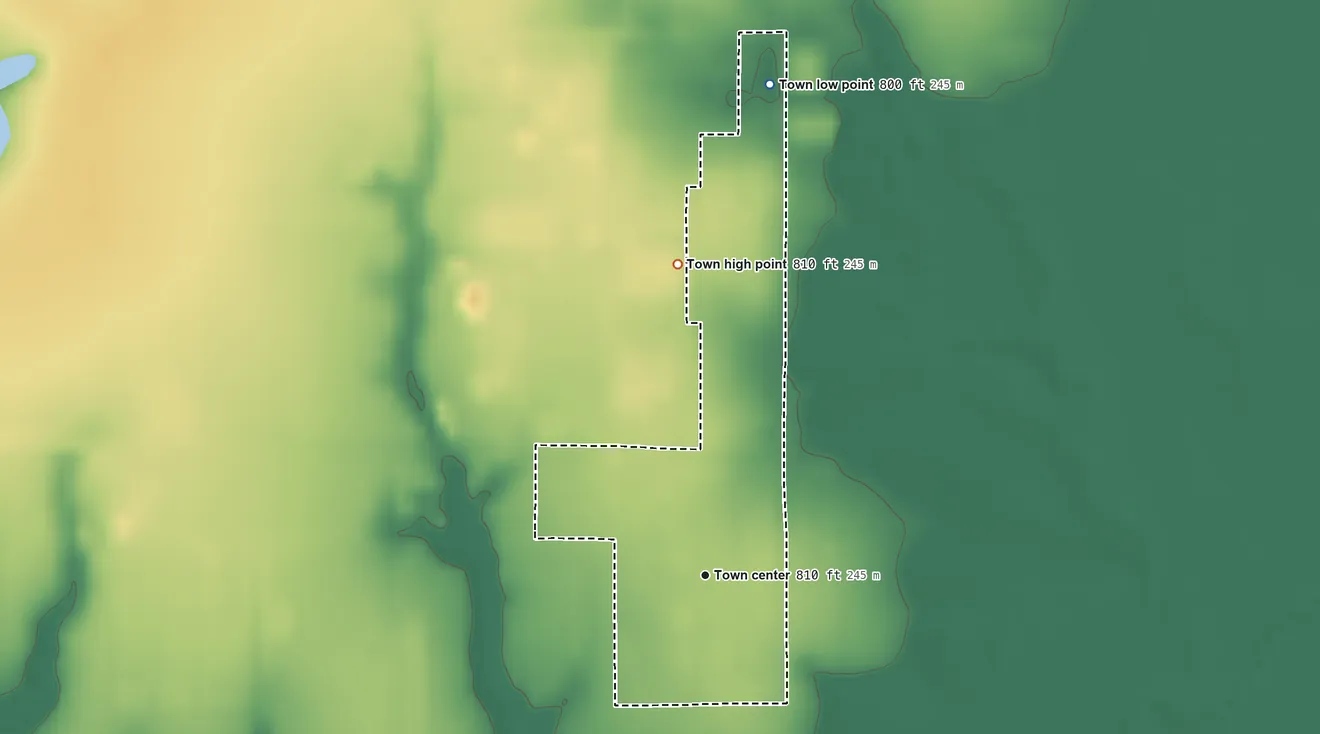 Topographic elevation map of North Miami, Oklahoma, shaded from 800 ft on the north side to 810 ft on the north side