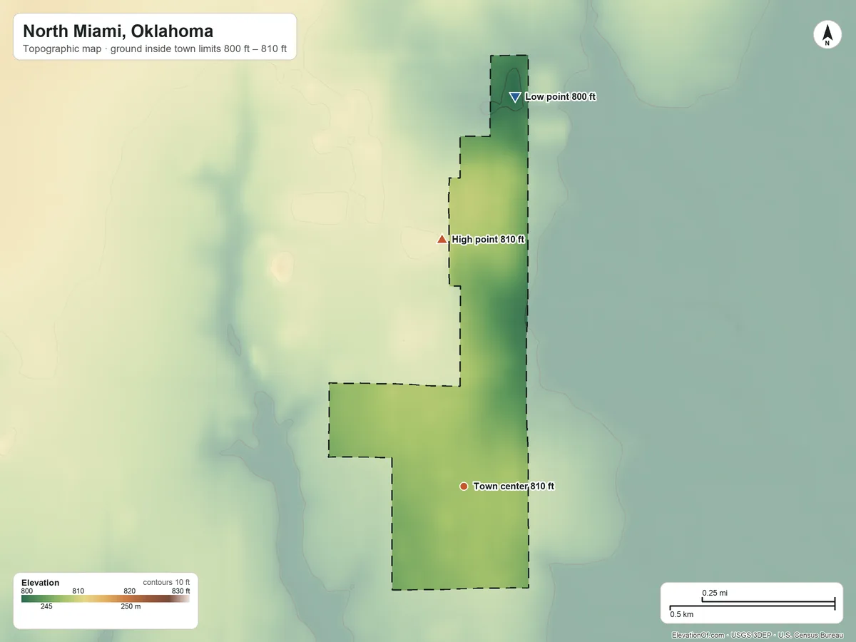 Topographic elevation map of North Miami, Oklahoma, shaded from 800 ft on the north side to 810 ft on the north side