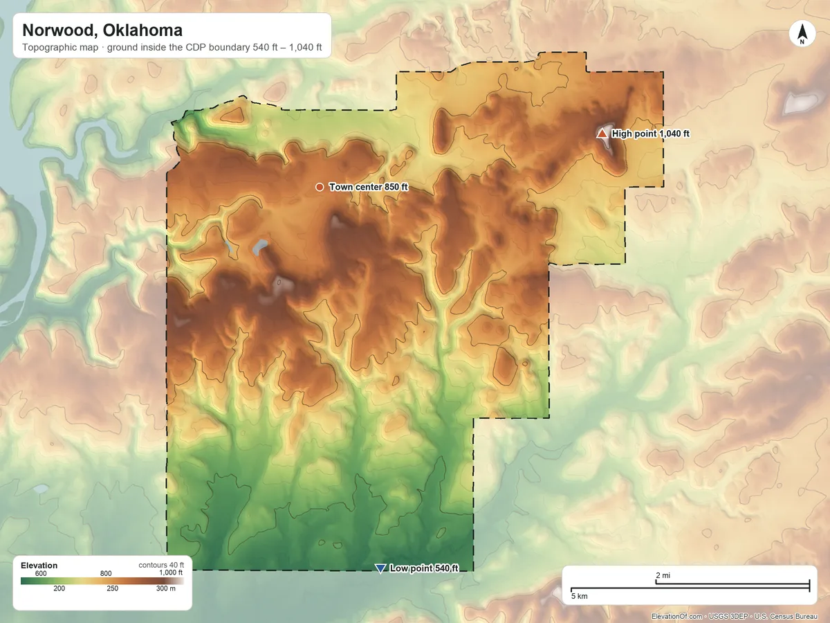 Topographic elevation map of Norwood, Oklahoma, shaded from 540 ft on the south side to 1,040 ft on Sugar Mountain
