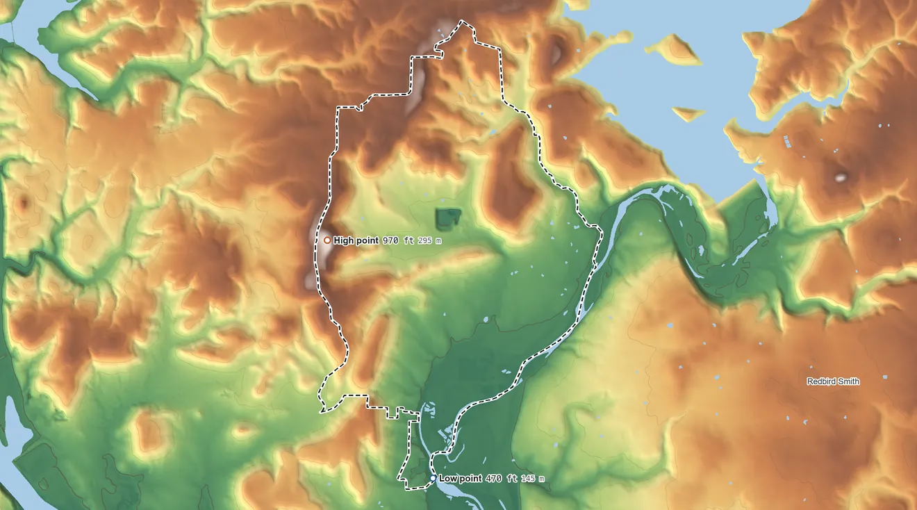 Topographic elevation map of Notchietown, Oklahoma, shaded from 470 ft on the south side to 970 ft on the northwest side