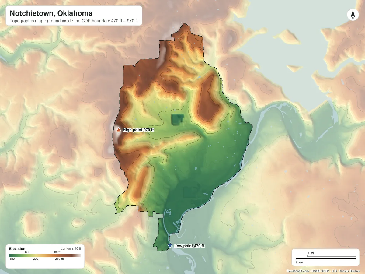 Topographic elevation map of Notchietown, Oklahoma, shaded from 470 ft on the south side to 970 ft on the northwest side