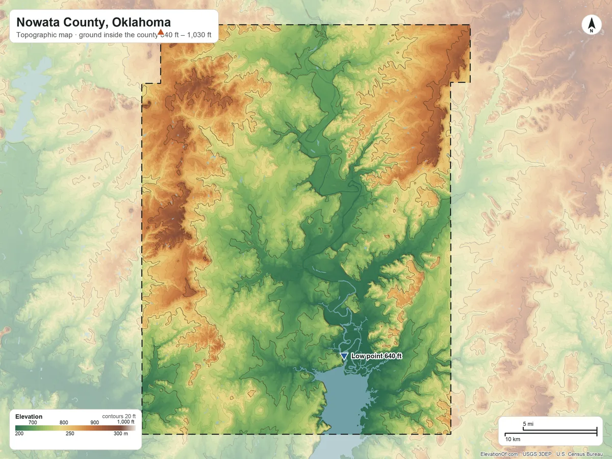 Topographic elevation map of Nowata County, Oklahoma, shaded from 640 ft on the south side to 1,030 ft on the northwest side