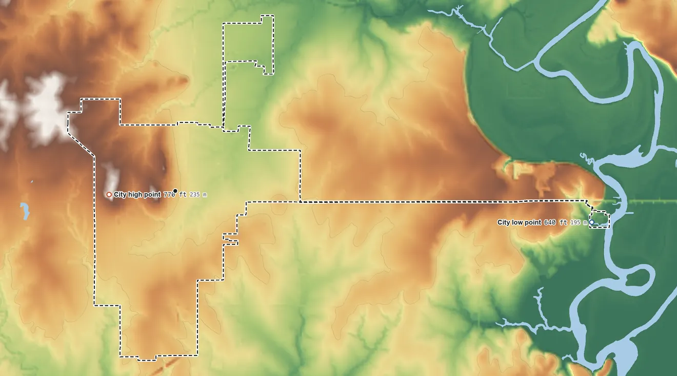 Topographic elevation map of Nowata, Oklahoma, shaded from 640 ft on the east side to 770 ft on the west side