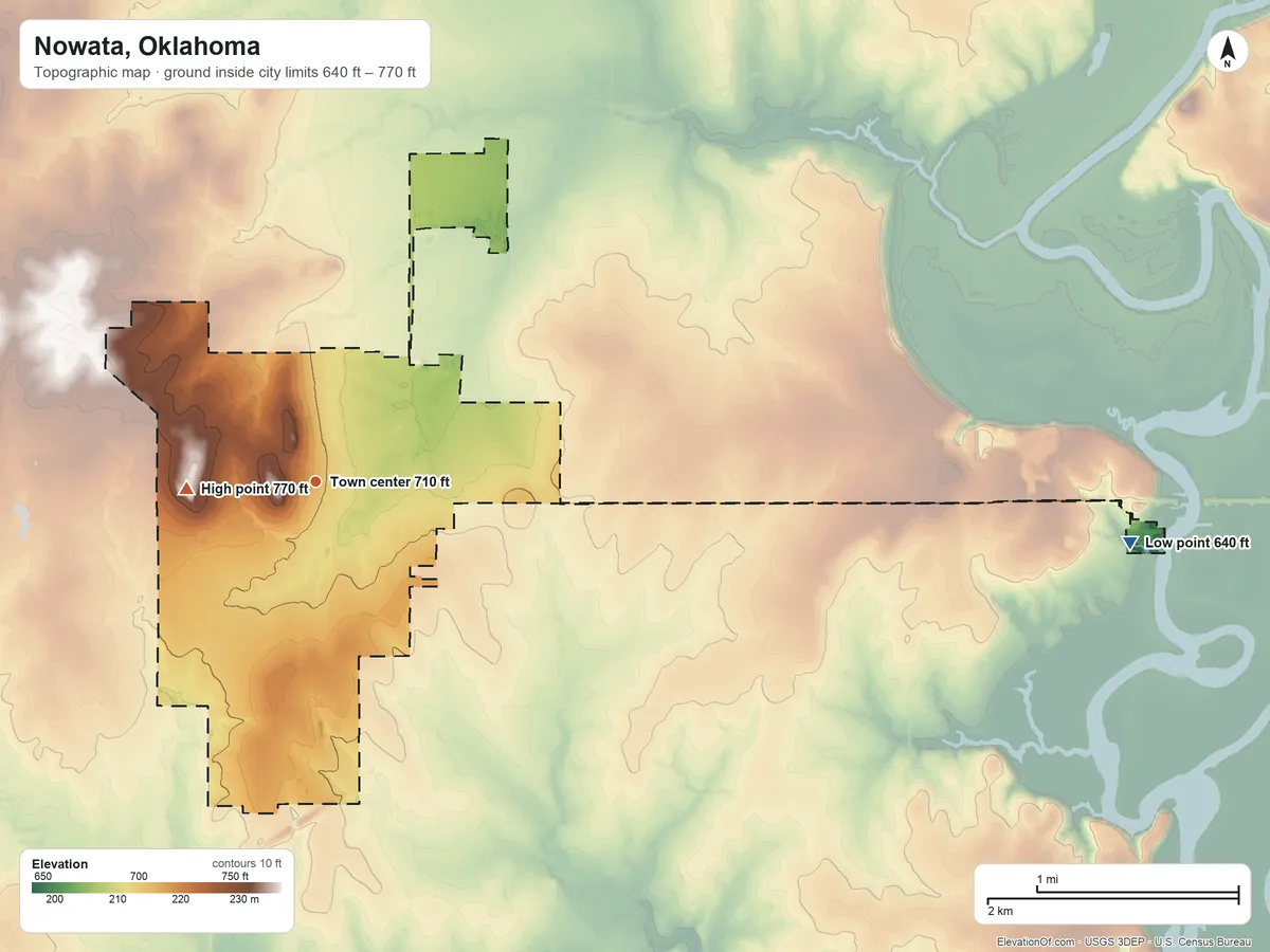 Topographic elevation map of Nowata, Oklahoma, shaded from 640 ft on the east side to 770 ft on the west side