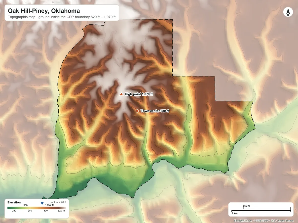 Topographic elevation map of Oak Hill-Piney, Oklahoma, shaded from 820 ft on the southwest side to 1,070 ft near the middle